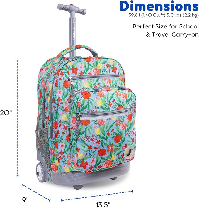 J World Sundance Laptop Rolling Backpack for Girls Boys. Roller Bookbag with Wheels, 20 Inch, Flora