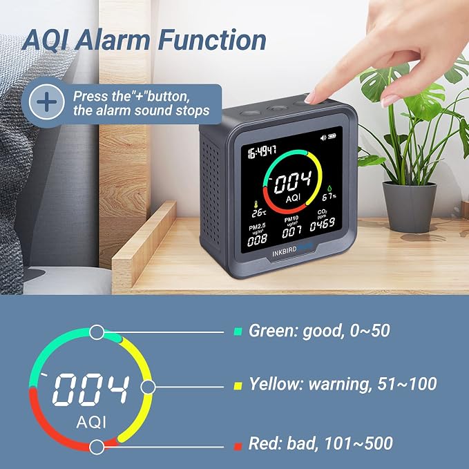 INKBIRDPLUS 6-in-1 Indoor Air Quality Monitor, Detects CO2, PM2.5, PM10, AQI, Temperature and Humidity for Rooms, Cellars, Grow Tents, Offices, etc. (PTH-9A)