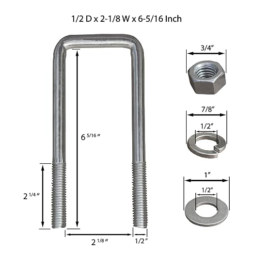 A.A Square U Bolts with Hardware for Boat Trailer, Electro-Galvanized Steel, 1/2" Diameter x 2-1/8" x 6-5/16" for 2x4 Beam (8 Pack)