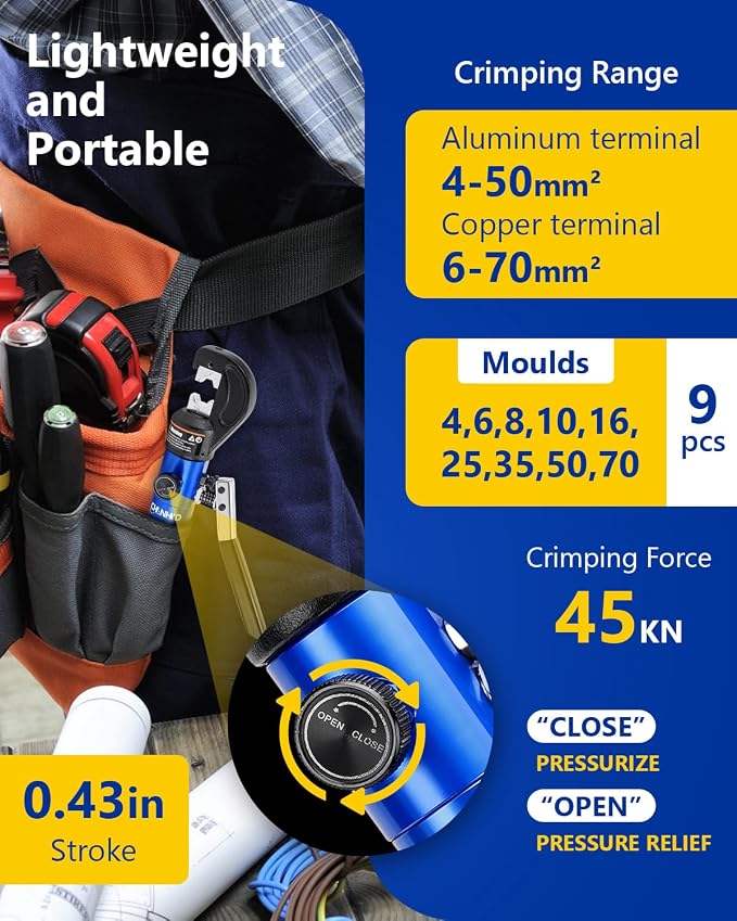 Hand Operated Hydraulic Crimping Tool Hydraulic Cable Lug Crimper 8 US TON 12 AWG to 00 (2/0) Electrical Terminal Cable Wire Tool Kit with 9 Die