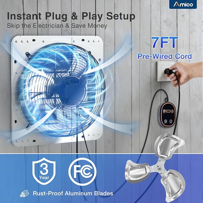 Amico 14" Shutter Exhaust Fan with Thermostat, 1775 CFM High Airflow Attic Fan for Garage up to 2500 Sq.Ft, 35W EC Motor 8-Speed Vent Fan, Auto-Close Louvers, Wall Mount, Plug & Play, FCC