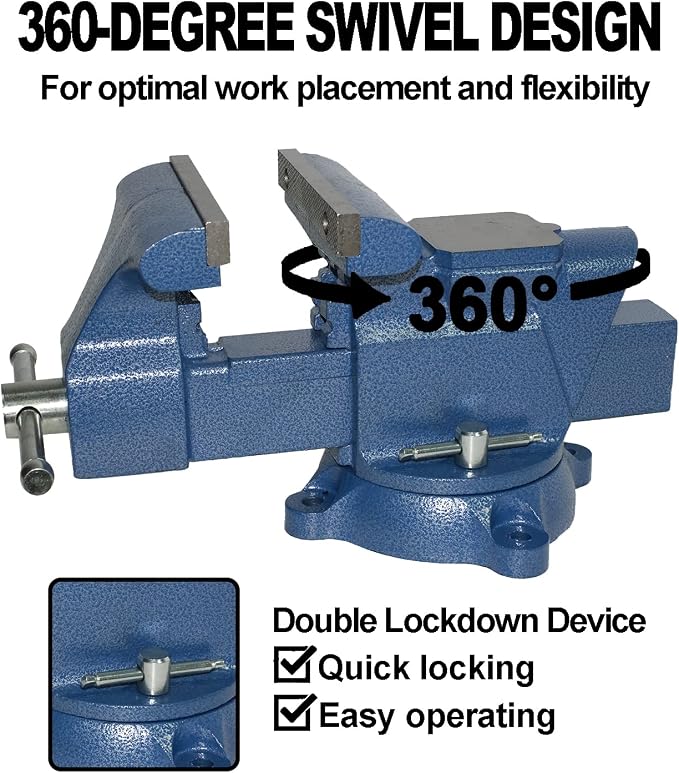 Bench Vise 6 Inch Jaw Width 5.5 Inch Jaw Opening Home Vise - Secure Grip with 360° Swivel Base Home Vise Rotation Base - Assembled with a Combination of Heavy Duty Cast Iron and Steel - Blue
