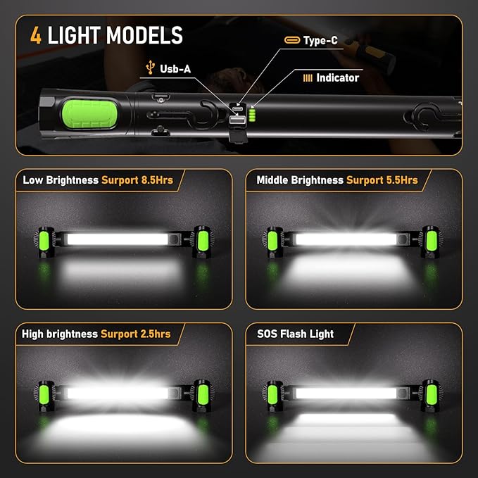 2 Pcs Work Light for Mechanic,Magnetic Light Bar,5400mAh Rechargeable,3200LM LED Work Lights Cordless UnderhoodLight with Hooks Portable Automotive Tools for Car Garage Shop Emergency,Present for Him