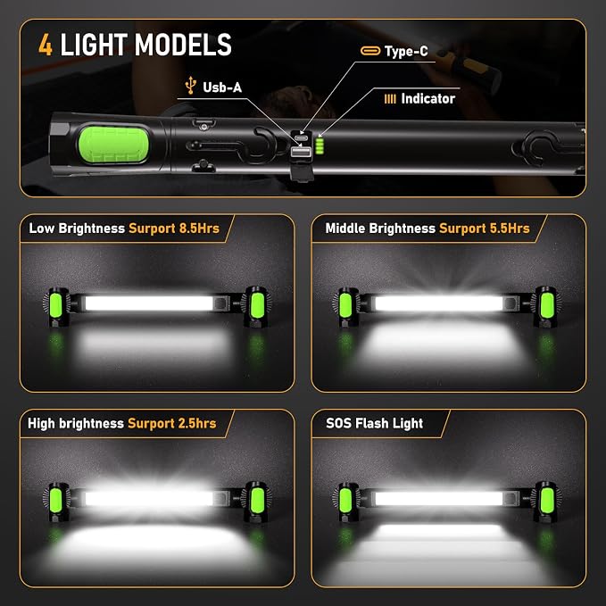 Work Light for Mechanic,3200LM LED Work Lights,5400mAh Rechargeable Magnetic Light bar,Portable Automotive Tools Cordless Underhood Light with Hooks for Car Garage Workshop Emergency,Present for Him