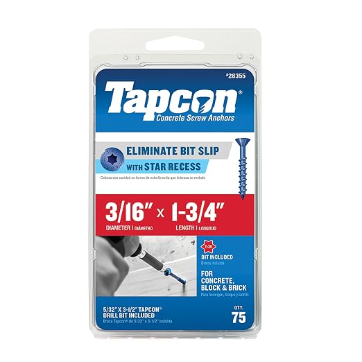 Tapcon 3/16 x 1-3/4 Inch Blue Climaseal® Star Head Concrete Anchors, 75 PCS, Corrosion Resistant Coating, Heavy-Duty Concrete and Masonry Screws, Superior Holding Strength, Drill & T-25 Bit Included