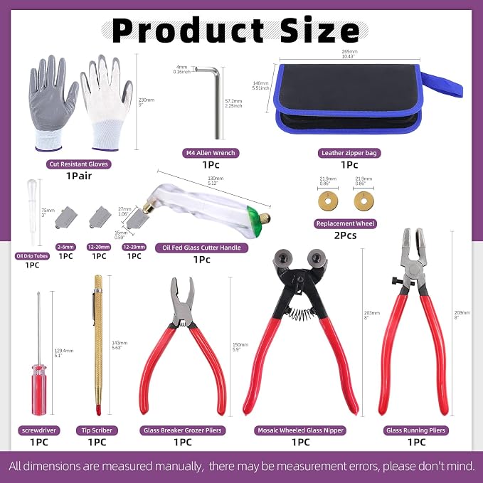 Swpeet 10Pcs Glass Cutter Tools Kit, Mosaic Wheeled Glass Tile Nippers, Glass Running Pliers, Breaker Grozer Pliers, Tungsten Carbide Tip Scriber, Grip Oil Feed Glass Cutter, Gloves, Zipper Bag