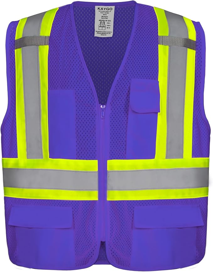 KAYGO Reflective High Vis Safety Vest with Pockets for Men and Women KG0100 | Breathable Polyester Lightweight, Two-Tone, ANSI Class 2, for Construction, Warehouse, Surveying, Cycling, Machine Washable