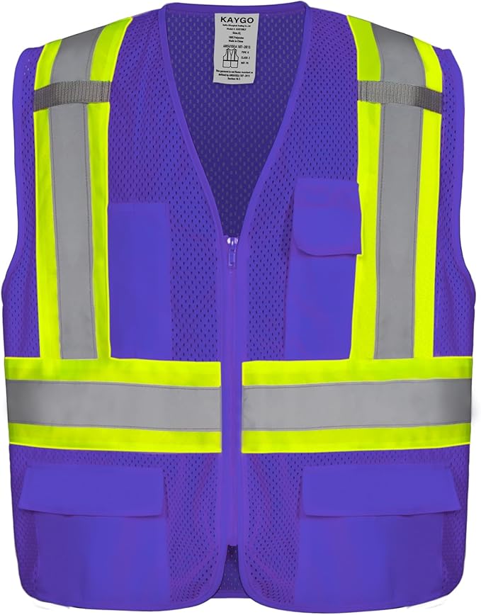 KAYGO Reflective High Vis Safety Vest with Pockets for Men and Women KG0100 | Breathable Polyester Lightweight, Two-Tone, ANSI Class 2, for Construction, Warehouse, Surveying, Cycling, Machine Washable