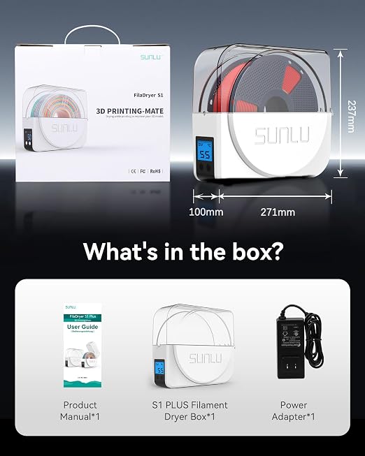 SUNLU Official Filament Dryer S1 Plus, Built-in Circulation Fan, Filament Dryer Box Storage Box for 3D Printer Filament 1.75 2.85 3.00, S1 Plus White | Humidity monitoring,Built-in Circulation Fan,Filament Dryer Box,FilamentStorage,For 3D Printer Filament