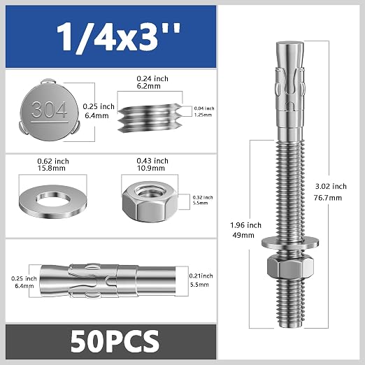 Wensilon 50Pcs 1/4x4 Inch Standard Fasteners for Heavy-Duty 304 Stainless Steel Wedge Anchors for Cement and Concrete