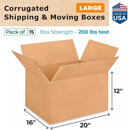 Large Shipping & Moving Boxes 20"L x 16"W x 12"H (15-Pack) - Extra Strength 200 lb vs Regular - USA-Made Corrugated Shipping Boxes for USPS/UPS/FEDEX - Cardboard Large Box for Moving by IDL Packaging