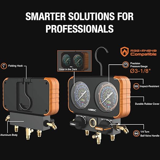 NAVAC N2A4B Manifold Gauge - Class 1.0 Accuracy, Impact-Resistant, Manifold Gauge for HVAC with Quarter-Turn Ball Valve Handles & Strengthened Folding Hook Design, Easy to Carry, Hose Not Included