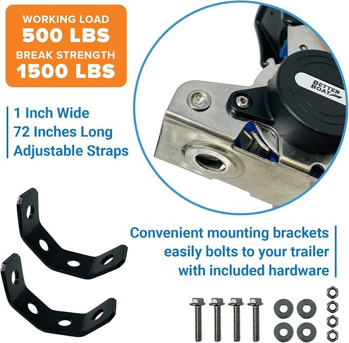 Stainless Steel Retractable Ratchet Straps, Heavy Duty Set, 1 Inch x 72 Inch, 2 Transom Tie-Downs with Mounting Brackets and Bolts, Auto Self-Retracting Buckle for Boat Trailer and Cargo