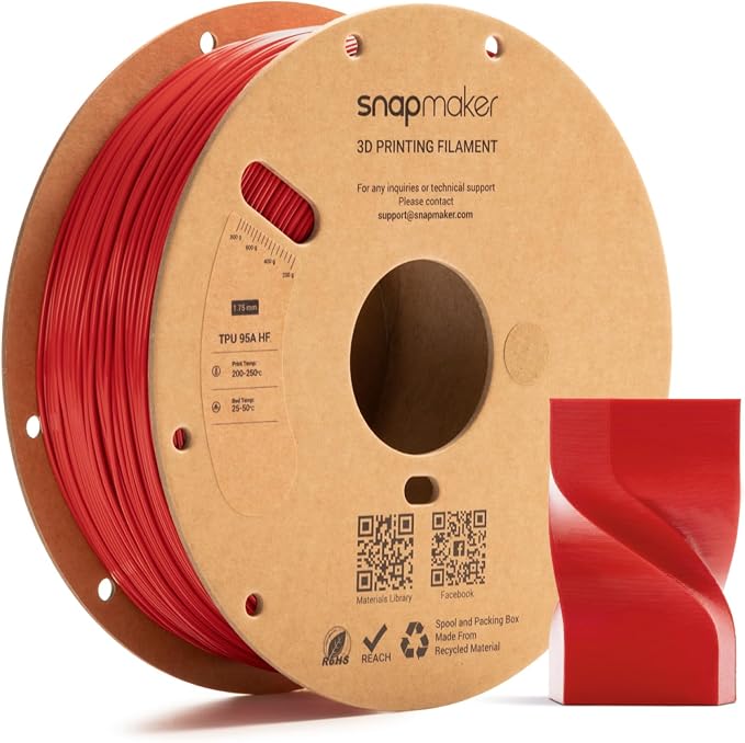 Snapmaker TPU Filament 1.75mm,TPU 95A HF 3D Printer Filament Flexible Soft with High Elasticity,High Speed Printing,Dimensional Accuracy +/- 0.03mm,1kg(2.2lbs) (Red)