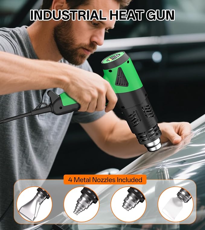 Heat Gun 1800W Fast Heating 122℉-1202℉ Heavy Duty Hot Air Gun Variable Temperature Control Overheat Protection 2 Speed Air Flow with 4 Nozzles for Crafts, Shrinking Tubing, Vinyl Wrap (SG-1004)