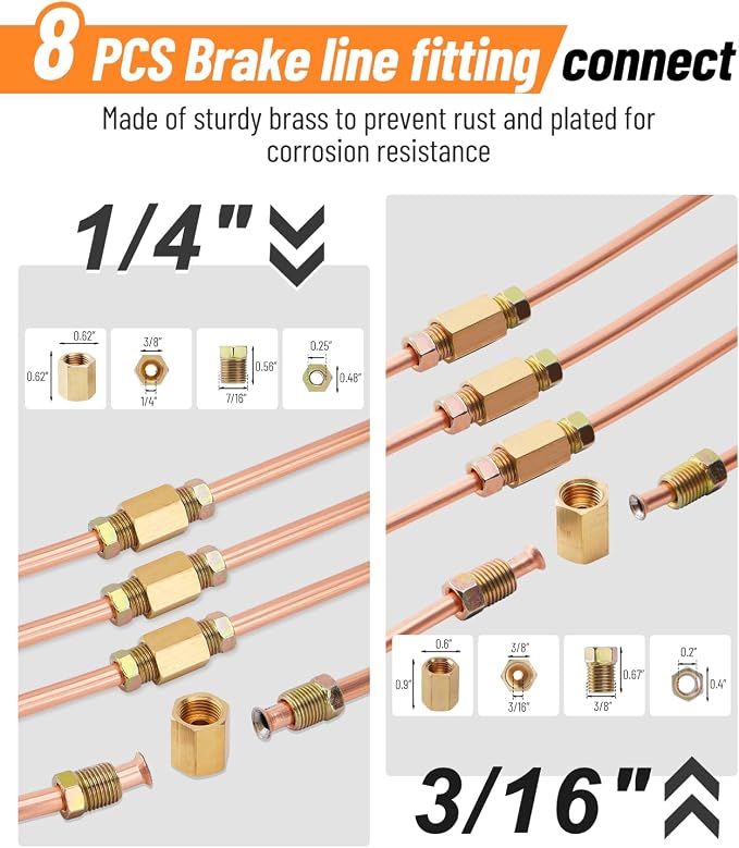 25 ft 1/4" + 3/16" Copper Coated Brake Line Kit (Includes 32 Fittings and 8 Unions) + Tube Bender + Brake Line Double & Single Flaring Tool Kit