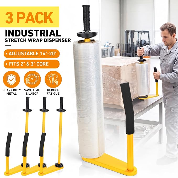 Stretch Film Dispenser Heavy Duty Industrial Stretch Wrap Handle Adjustable 14-20 Inch Pallet Wrap Dispenser Compatible with 2" & 3" Core Rolls Warehouse Packaging Tool for Shipping Moving(2 Pack)