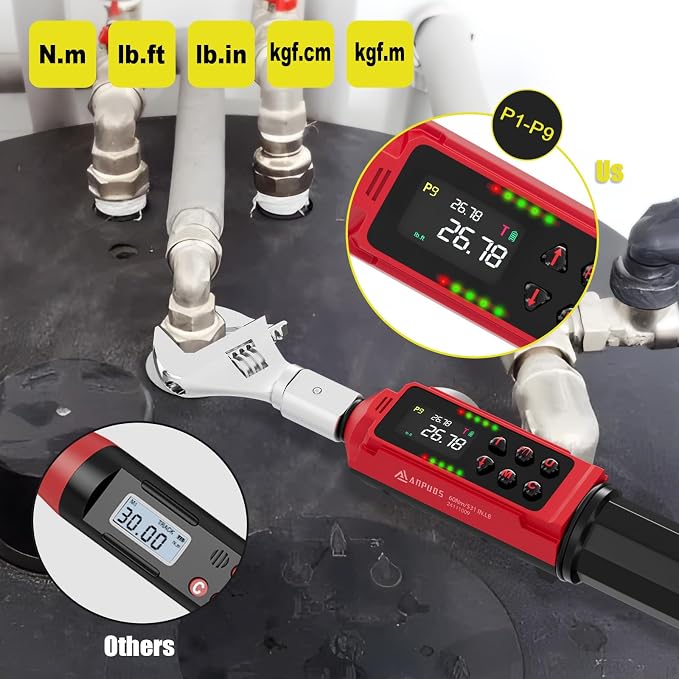 ANPUDS Adjustable Digital Torque Wrench, 0.66-44.29 Ft.lb, ±1% Accuracy | 0.9-60 Nm, 35mm Jaw & 3/8" Ratchet, 9×12mm Open End, Vibration, Buzzer and LED Indicator for for HVAC, Motorcycle, Plumbing
