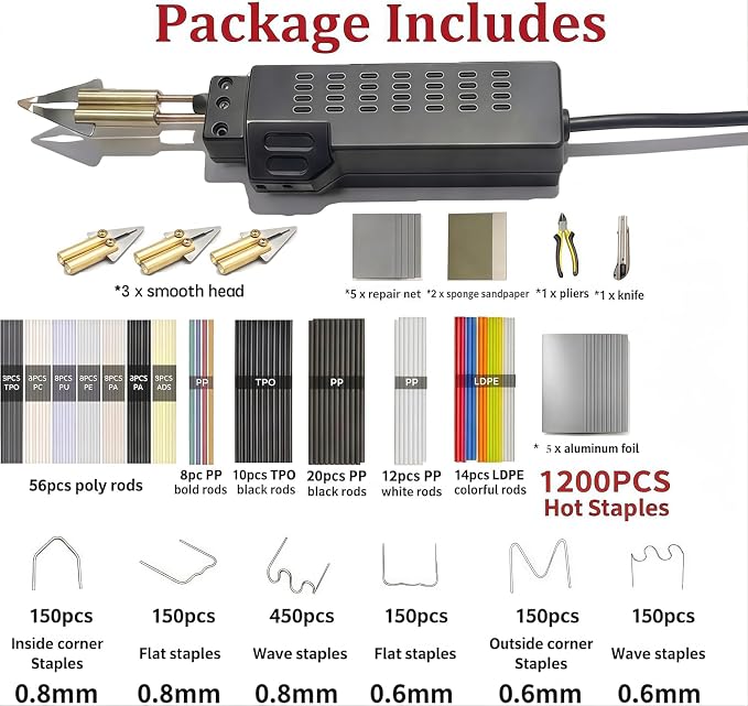 Upgraded 250W Plastic Welder, 3-in-1 Plastic Welder Kit Hot Stapler Repair Tool with Thermal Cutting,Staple Welding & Smoothing,Heat-Resistant Nylon Shell,1200 Staples & 120 Welding Rods Included