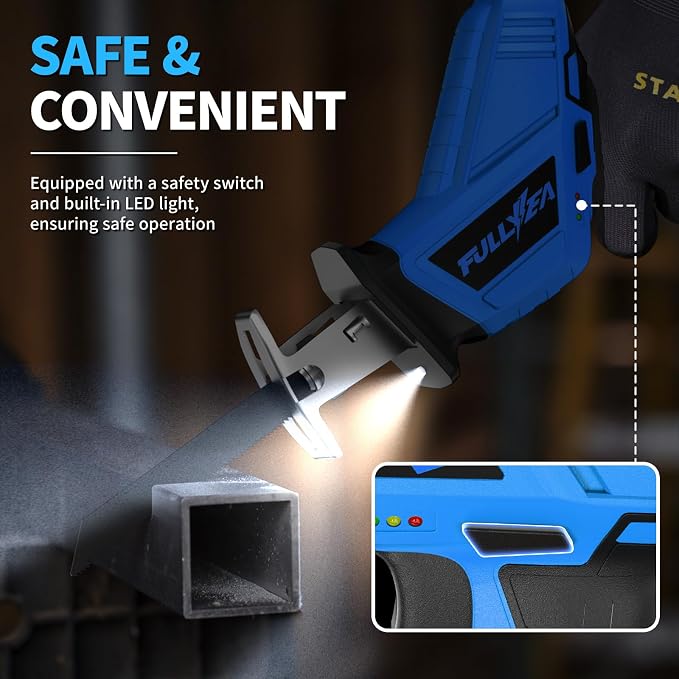FULLYEA Reciprocating Saw Cordless, 0-3500SPM Variable Speed Reciprocating Saws with 4 Saw Blades, Tool-Free Blade Change, Electric Reciprocating Saws for Woods/Metal/Plastic Cutting,Blue