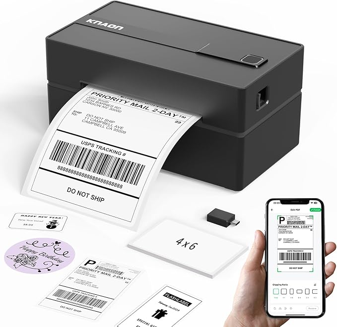 KNAON Bluetooth Thermal Shipping Label Printer, 4x6 Portable Thermal Address Label Printer for Small Business, Compatible with iPhone,Android,Windows,Mac,–Works with Etsy Shopify USPS&More, Black
