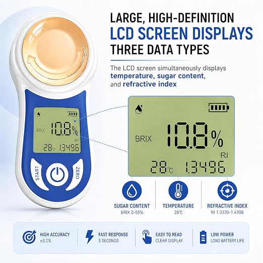 Digital Brix Refractometer 0-55% with ATC, ±0.15% Accuracy, 3-Second Results, Rechargeable Sugar Content Tester for Fruits, Juice, Home Brewing, Wine, Coffee