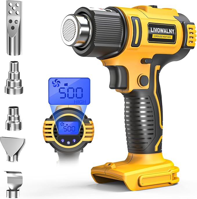 LIVOWALNY Cordless Heat Gun Compatible with Dewalt 20v Battery (Tool Only), 350W 122℉-1022℉ Fast Heating Soldering Hot Air Gun with LCD Digital Display for Shrink Tubing, PVC Wrap, Craft, Epoxy Resin