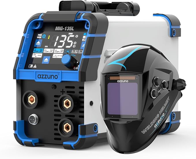 AZZUNO 135A MIG Welder& Welding Helmet Auto Darkening with True Color Large Viewing, 110V 3 in 1 Gasless Flux Core MIG Welder/Lift TIG/Stick Welding Machine, Wire Feed Welder with Synergic Control