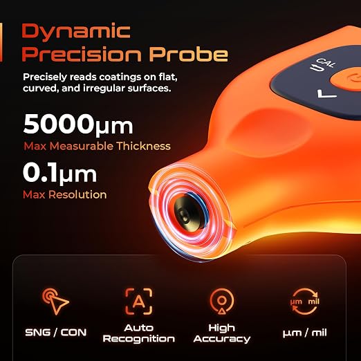 Paint Thickness Gauge with APP, 0-5000 μm (0-179 mils) Coating Thickness Meter, Auto Fe/Al/Zn/Fe(C) Detection, 0.1μm Resolution, ±(2%+1μm) Accuracy for Paint Inspection