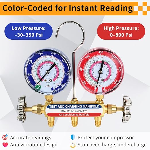 42036 Manifold Gauge Set, A2L Compatible, 3-1/8" (80mm) Anti Vibration Gauges, 60" Y/R/B Refrigerant Hoses, 1/4" Fittings, 2 Valve, for HVAC Test and Charging of R-32, R-454B, R-410A, R-1234yf