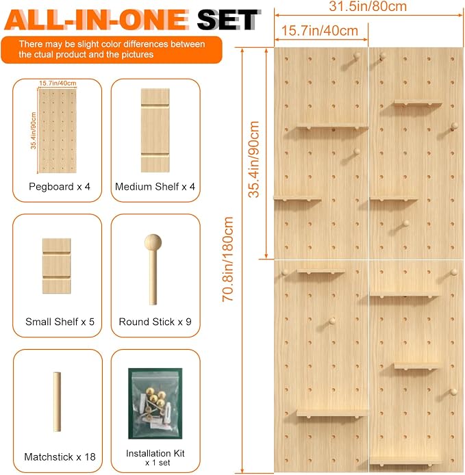 AMSXNOO Wood Pegboard Wall Organizer Panels, Wooden Pegboard Combination Wall Organizer Kit, Display Peg Board Panel Kits for Office Bedroom Livingroom (Original Wooden Color, 31.5X70.9IN/80X180CM)