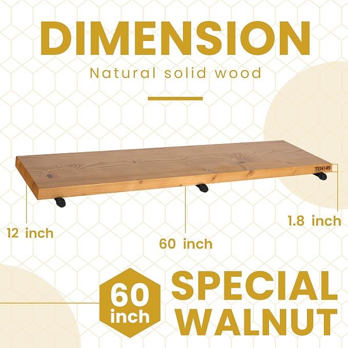TEN49 Industrial Pipe Wood Wall Shelf - 60" Real Wooden Shelf w/ Special Walnut Color & 1.8" Extra Thickness - Modern Interior Decor Floating Shelves - Rustic Farmhouse Style Bookshelf - Set of 2
