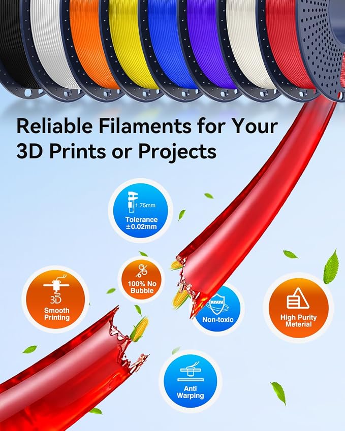 JAYO PLA+ Filament Bundle 1.75mm, 3D Printer Filament Bundle Multicolor, Individually Vacuum Packed, 250g Spool, 8 Pack, 2KG in Total, Black+White+Transparent+Clear(Blue+Red+Orange+Yellow+Purple)