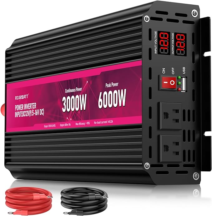 3000W Power Inverter 12V DC to 110V/120V AC, 6000W Peak Car Inverter with 2 AC Outlets, 2.4A USB Port & LCD Display, Portable Backup Power Converter for RV, Truck, Camping, Outdoor & Emergency