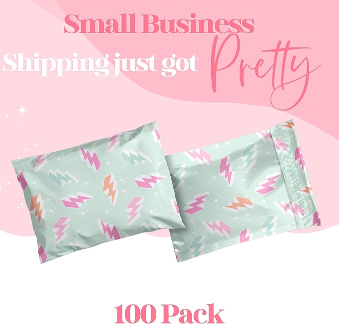 Pretty Package Store Designer Poly Mailers, 10x13, Lightning Bolt, 100 Pack | Heavy Duty, Waterproof, Self Seal, Tear Resistant, Shipping Bags for Small Business Packaging, Bulk Mailing Envelopes