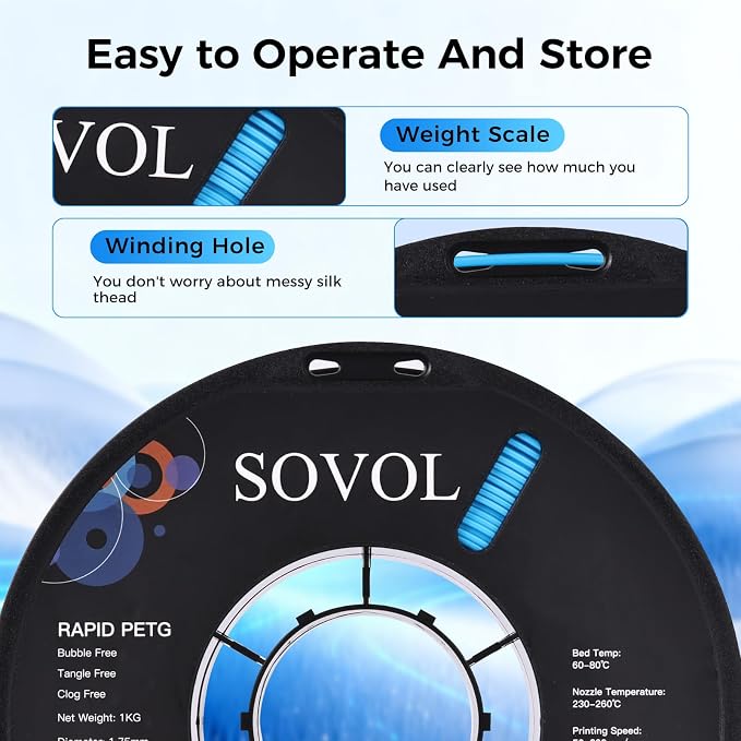 Sovol 3D Printer Rapid PETG Filament 1.75mm 1KG (2.2lbs), High Precision, Strong Toughness, Wiring Tightness, Dimensional Accuracy +/- 0.03 mm, 3D Printing High Speed PETG Filaments, Sky Blue