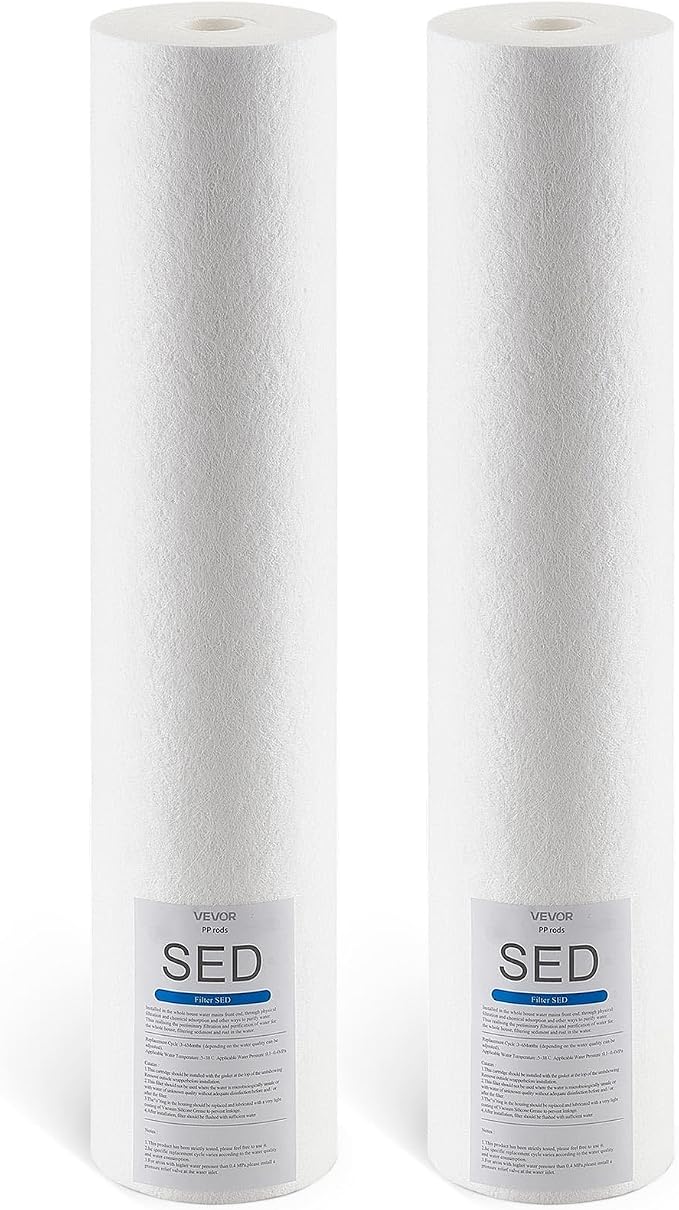 VEVOR Sediment Water Filter Cartridge, Universal Fit 20 x 4.5 Inch, 5 Micron SED Whole House Replacement Filter, 100,000 Gal Capacity, Reduces Sand, Rust, Dirt, and Particles, 2Pack