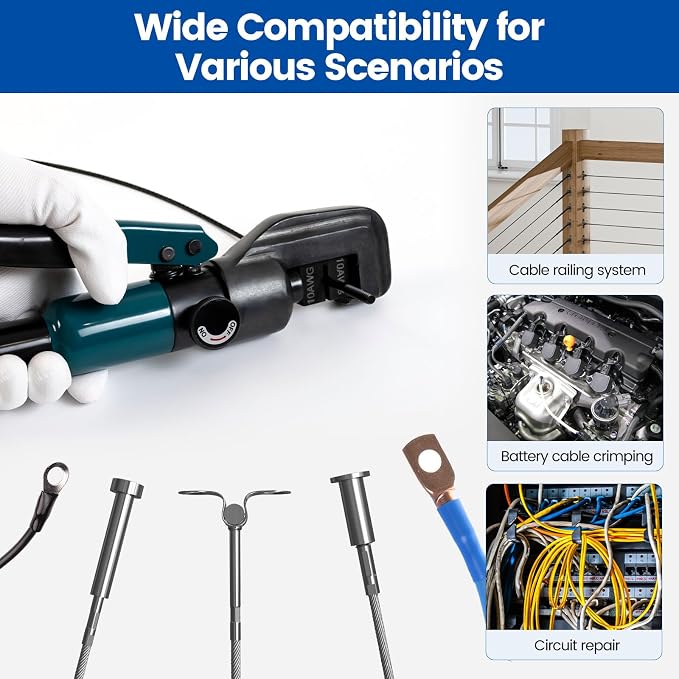 Muzata Upgraded Custom Hydraulic Crimping Tool Hydraulic Crimper with 9 Dies for 1/8" Stainless Steel Cable Railing Kit and 12 to 2/0 AWG Battery Cable Wire Rope Crimping Tool CT28