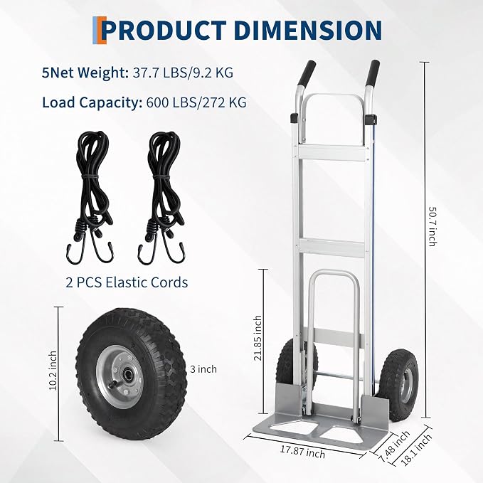 Aluminum Hand Truck Dolly Cart,600 LBS Capacity,Heavy Duty Dolly with Extendable Base Plate,10" Pneumatic Tire & 2 Elastic Cords,Platform Hand Cart for Transport & Moving in Warehouse, Supermarket