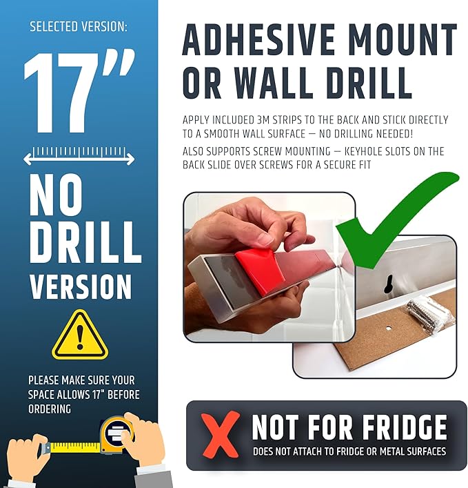17" Strong Adhesive (No Drill) Magnetic Knife Holder for Wall - Professional Knife Strip - No Screws Needed - Adhesive Backing - Stainless Steel Knife Bar (Upgraded Version – Will Not Fall)