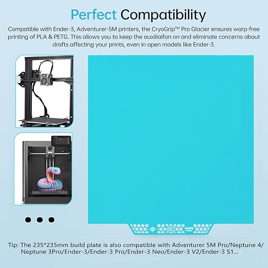 BIQU CryoGrip Pro Glacier Build Plate 235x235mm, for Adventurer 5M Pro/5X/Ender 3 V3 SE/3 V3/3 V2/3 S1 Pro/3 V2 Neo/3 Pro/Ender 5 Pro/Kobra 2 Pro/Neptune 3 Pro/4, Low Temperature Printing