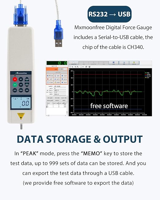500N Digital Force Gauge Push Pull Meter with USB Output | Tension Compression Destructive Testing Auto Backlit LCD Auto Power Off High Precision Load Cell for Lab Industrial QC