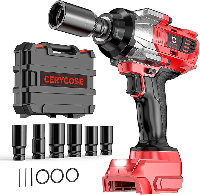 Cerycose 1000 FT-LBS Cordless Impact Wrench 1/2" Compatible with Milwaukee 18V Battery – with 6 Sockets and Toolbox, Brushless Electric Impact Gun, Includes LED Work Light – High Torque Driver