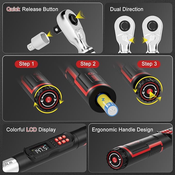 VANPO Digital Torque Wrench 1/2-Inch 7.38–147.5 ft-lb for Automotive | 10–200 Nm, ±2% Accuracy, Electronic Torque Wrench with LCD Display, Audible & Vibration Alert, Easy Battery Access