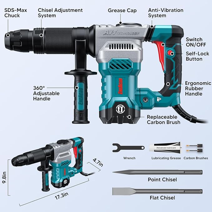 ENEACRO SDS-Max Demolition Jack Hammer, 11 Amp Electric | Lightweight, Aluminum Alloy Shell, Vibration Control, Includes Grease, Tool Bag & Chisels, For Concrete