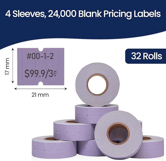 Perco 2 Line Lavender Labels - 24,000 Blank Price and Date Gun Labels for Perco 2 Line Price and Date Guns - 32 Rolls, 4 Sleeves - Made in USA