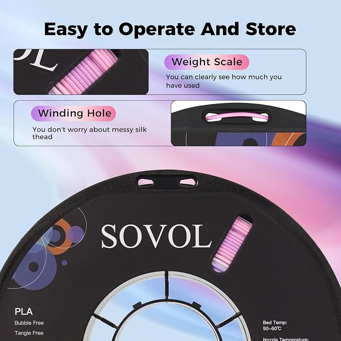 Sovol 3D Printer Matte Multicolored Fast Change Gradient Rainbow PLA 1kg (2.2 lbs) Spool 3D Printing Materials, Dimensional Accuracy +/- 0.03 mm, 1.75 mm, Matte Lavender