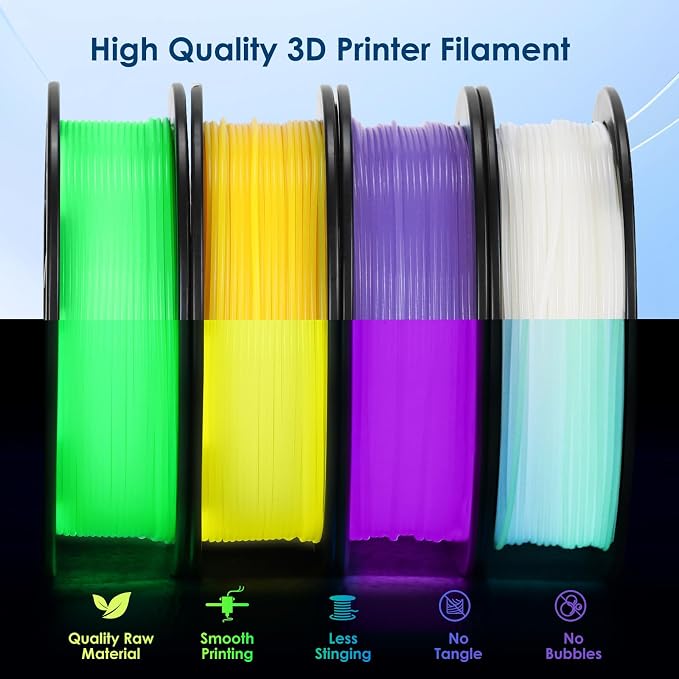 RepRapper 4 x 250g Glow Colors Pack, Glow in the Dark PLA Filament 1.75mm (+- 0.03mm) for 3D Printer, 4x250g Spools - Yellow, Purple, Green, White to Rainbow