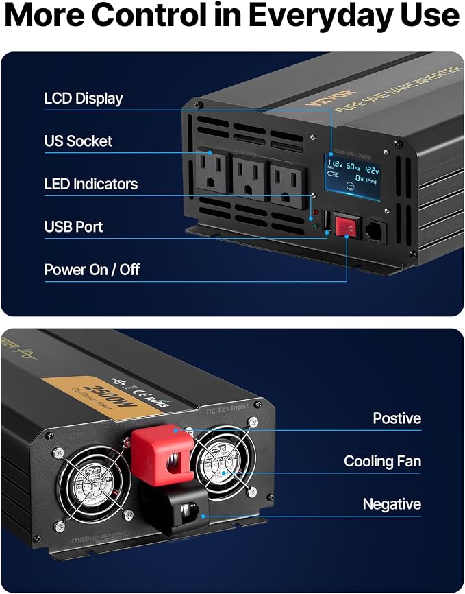 VEVOR 2500W Pure Sine Wave Inverter, 12V DC to 120V AC Car Inverter, 3 AC Outlets, USB Port, LCD Display, Remote Controller, Black, for RV Truck Car Solar System Travel Camping