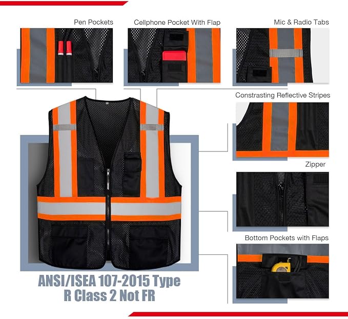 KAYGO Reflective High Vis Safety Vest with Pockets for Men and Women KG0100 | Breathable Polyester Lightweight, Two-Tone, ANSI Class 2, for Construction, Warehouse, Surveying, Cycling, Machine Washable
